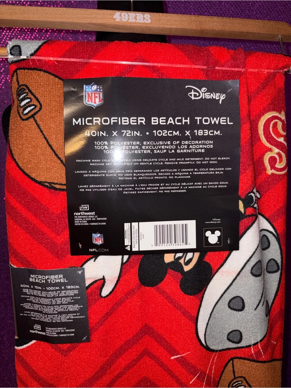 Disney Mickey Mouse San Francisco 49ers NFL Microfiber Beach Towel 40x72 New